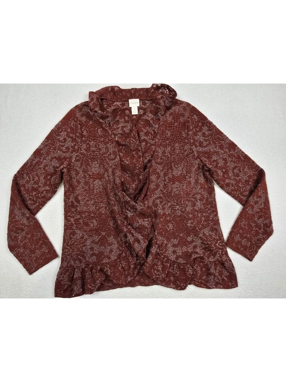 Chicos Size 1 Medium Bronze Burgundy Lace Cardigan Sweater Ruffle Trim